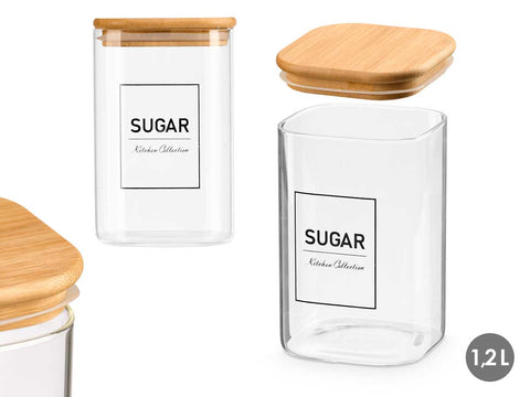 Bote Cuadrado Borosilicato Tapa Bambú Sugar 1,2Litros
