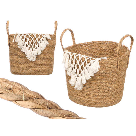 Macetero Mimbre Macramé Pompón Blanco