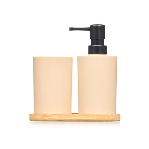 Set Dosificador Vaso Base Bambú Beige